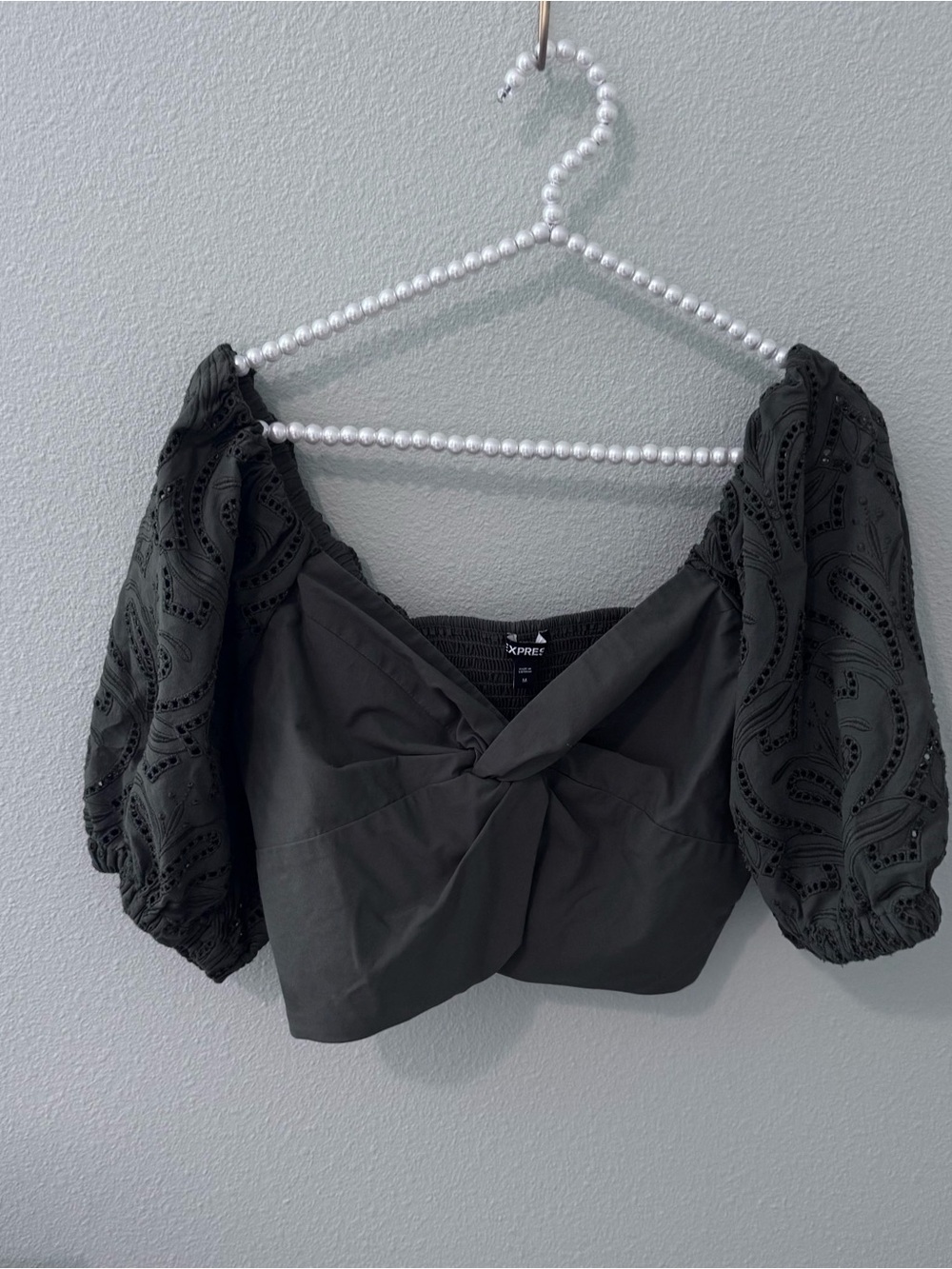 Express Olive Green Eyelet Puff-Sleeve Twist Crop Top